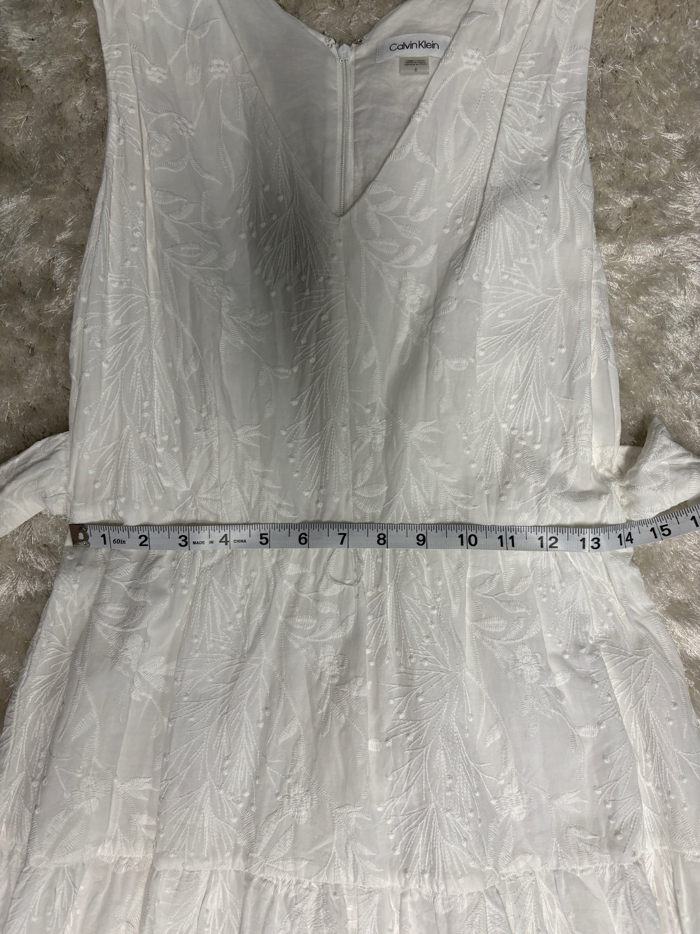 Calvin Klein White Sleeveless Tie- Waist Maxi Dress w/ Textured Leaf Embroidery - Picture 6 of 10